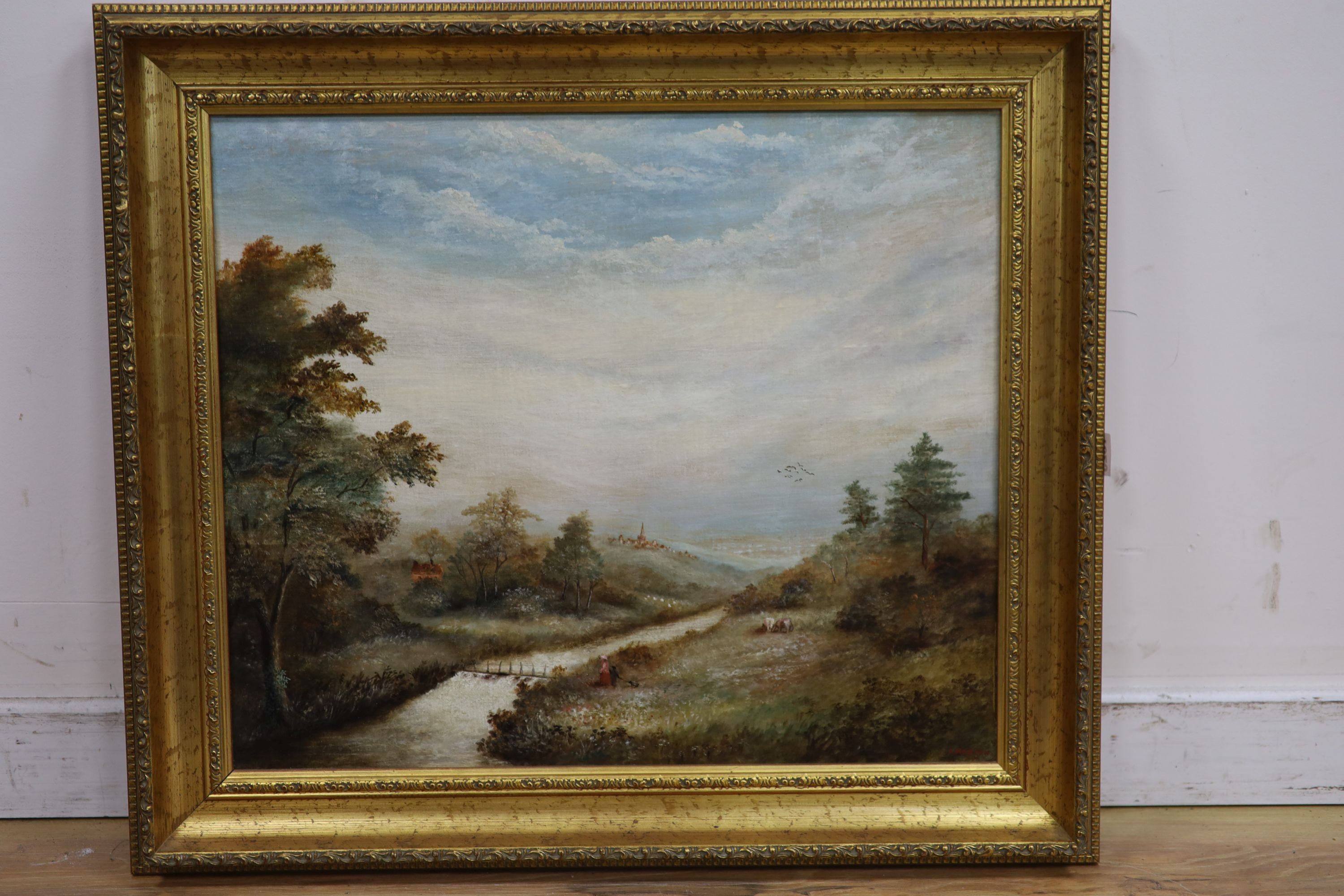 A. Horton, oil on canvas, Landscape with river and distant town, signed, 48 x 56cm.